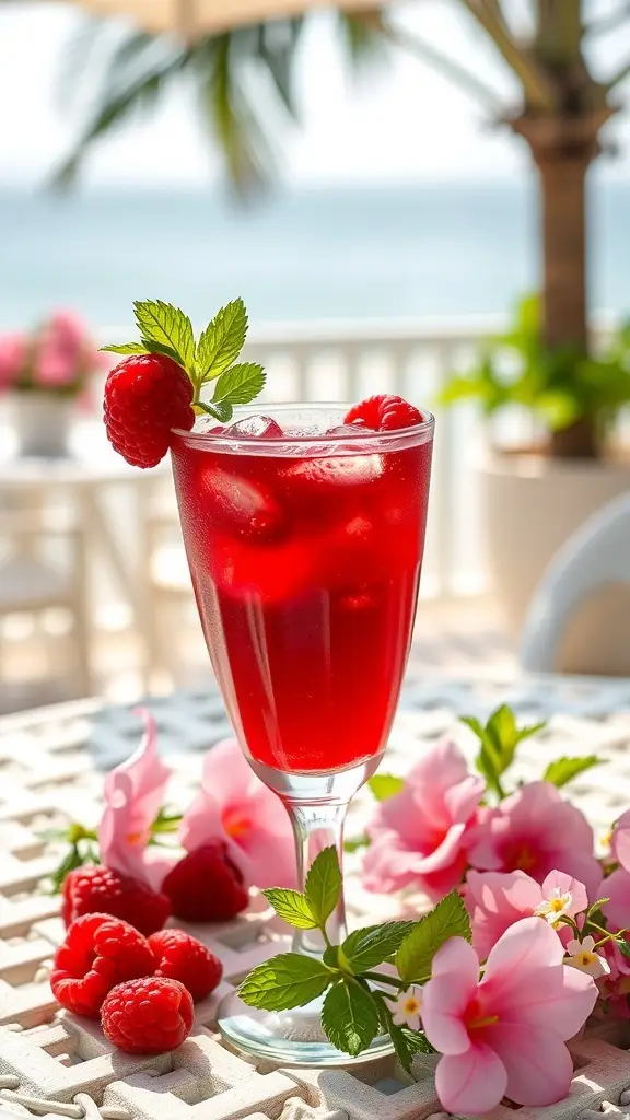 A vibrant Raspberry Siren cocktail garnished with mint and raspberries, set against a sunny outdoor backdrop.