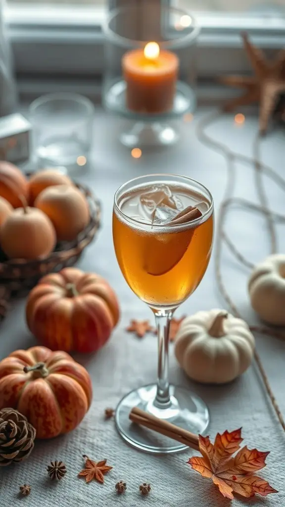 A cocktail made with apple cider, garnished with a cinnamon stick, surrounded by pumpkins and autumn leaves.