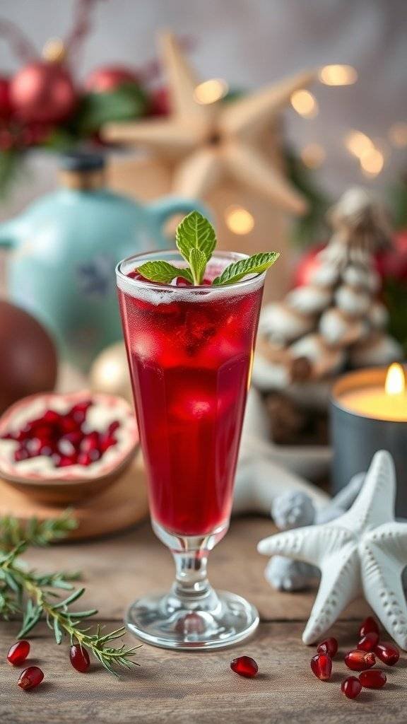 A vibrant Pomegranate Siren cocktail with mint garnish, surrounded by holiday decorations.
