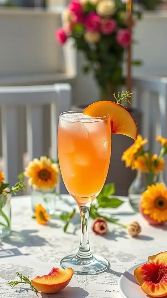 A refreshing Peachy Sea Witch cocktail garnished with a peach slice and mint on a sunny table.