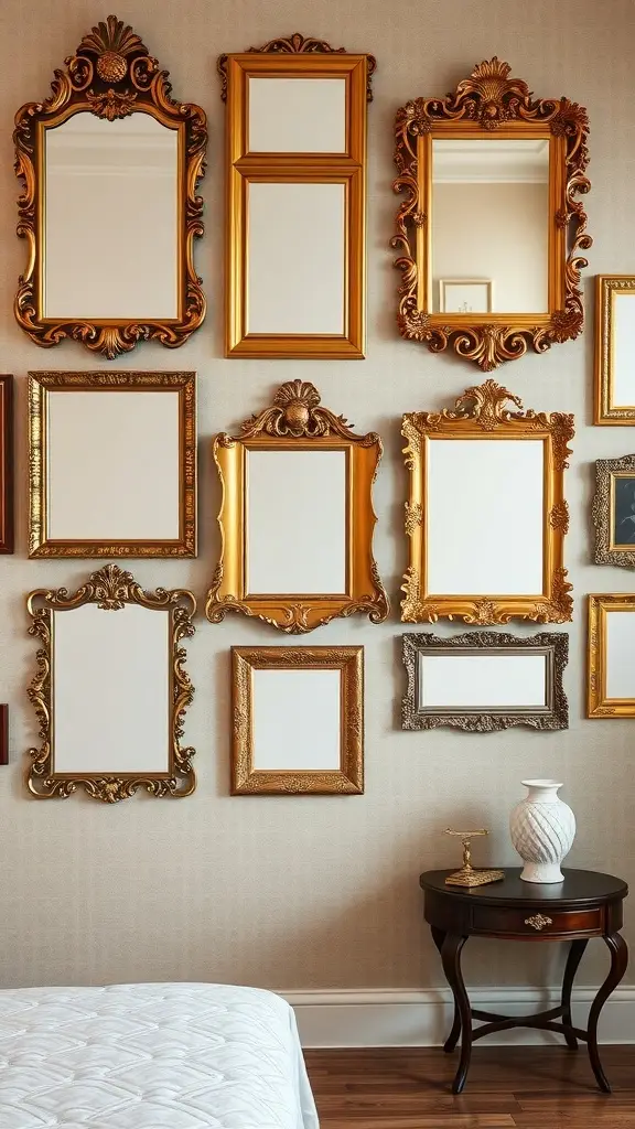A collection of ornate gilded mirrors arranged on a wall, showcasing various designs and sizes.