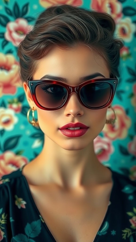 A pair of bold cat-eye sunglasses on a floral background.