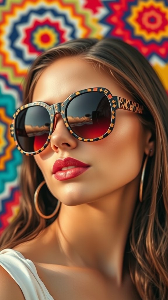 Close-up of vintage 60’s sunglasses with a colorful patterned background