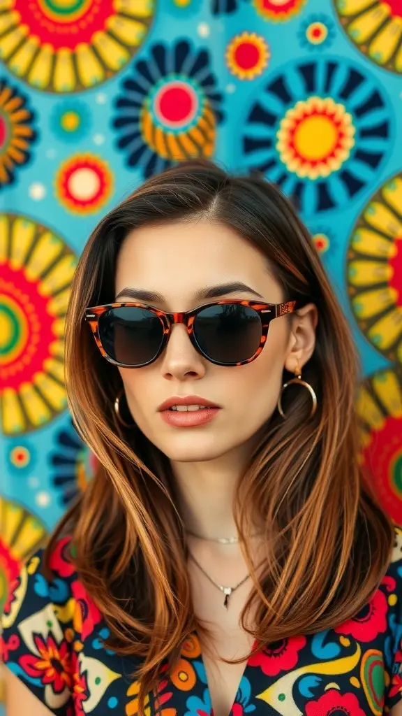 A pair of vintage round sunglasses on a colorful flower-patterned fabric.