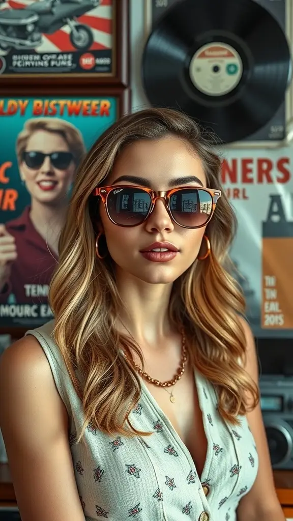 Vintage 60's sunglasses in front of colorful pop culture memorabilia including posters and vinyl records.