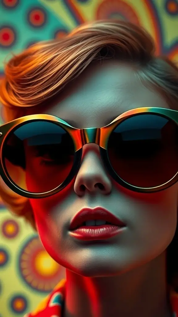 A model wearing oversized vintage 60's sunglasses with a colorful background.