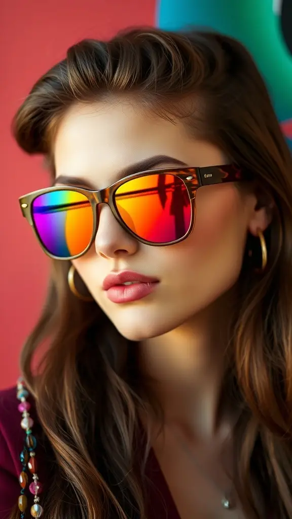 A collection of vintage 60’s sunglasses with colorful tinted lenses arranged on a table.
