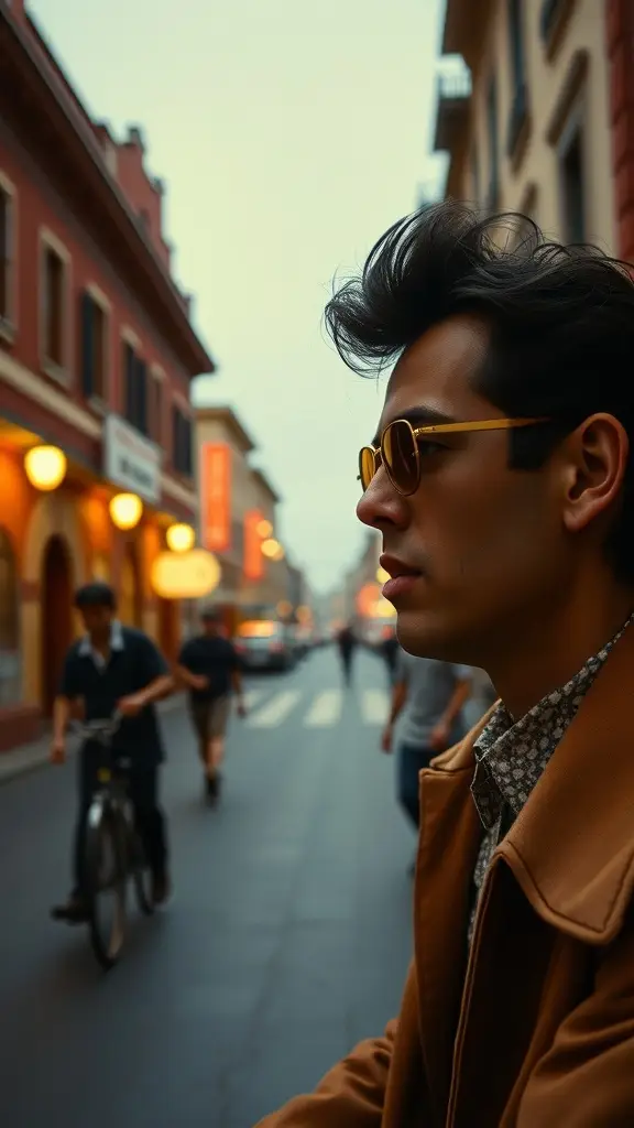 A person wearing vintage 60's sunglasses, with an urban street scene in the background.