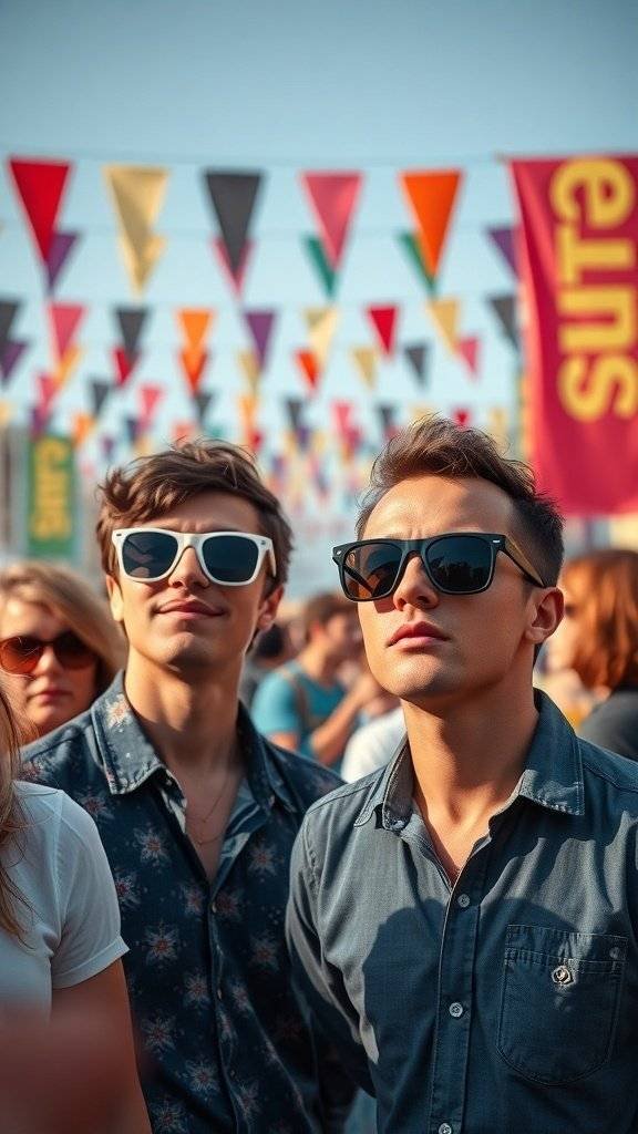 Two young men wearing vintage 60’s sunglasses at a music festival with colorful banners in the background.