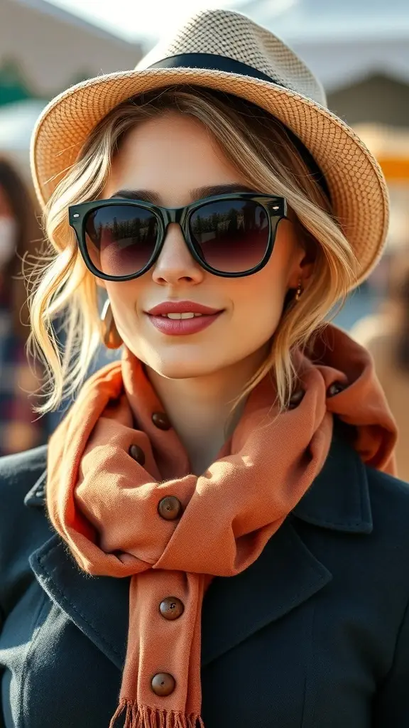 A collection of vintage 60's sunglasses displayed with hats and a scarf.
