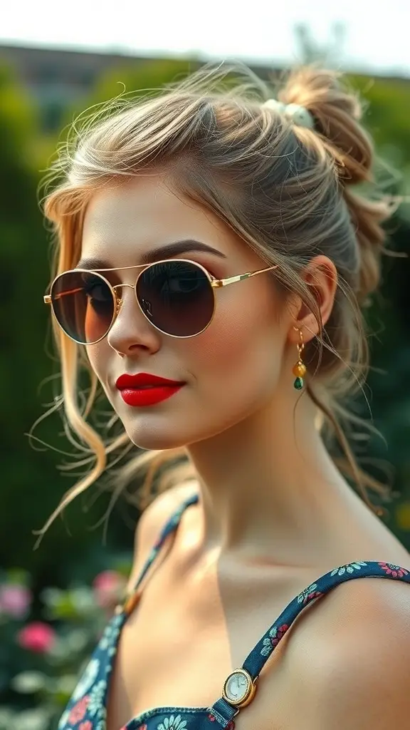 A mannequin wearing vintage 60's sunglasses with a green background.