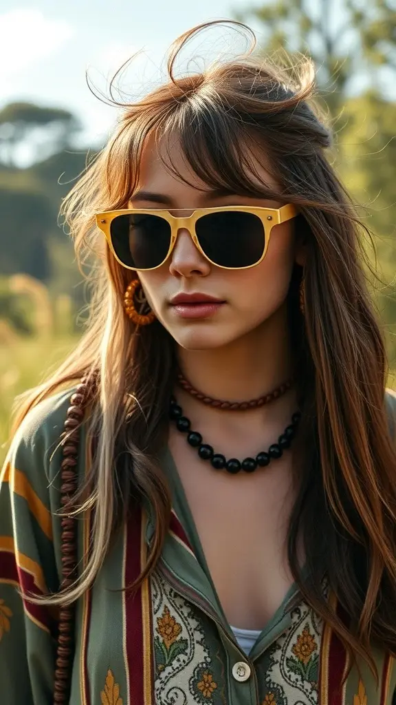 A young woman wearing vintage 60’s sunglasses, layered necklaces, and a patterned shirt, set against a natural background.