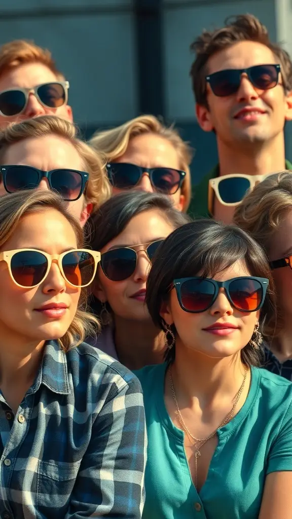 A group of people wearing various styles of vintage 60's sunglasses, showcasing different colors and designs.