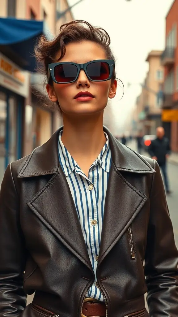 A stylish individual wearing vintage 60’s sunglasses, a leather jacket, and a striped shirt, confidently posing on a city street.