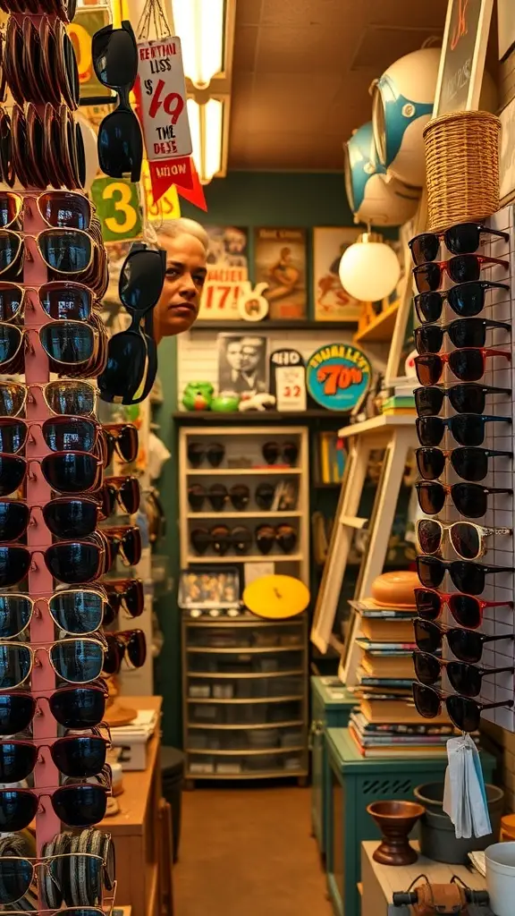 A vintage sunglasses shop filled with various styles of sunglasses, showcasing a nostalgic atmosphere.