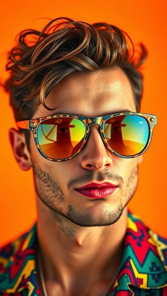 A collection of vintage 60's sunglasses in various colors and patterns against a yellow background.