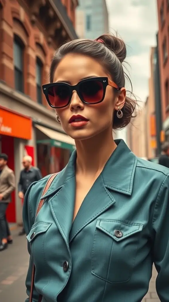 A stylish person wearing vintage 60’s sunglasses in a city setting.