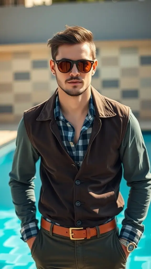 A group of four friends wearing vintage 60's sunglasses, enjoying a sunny day outdoors.