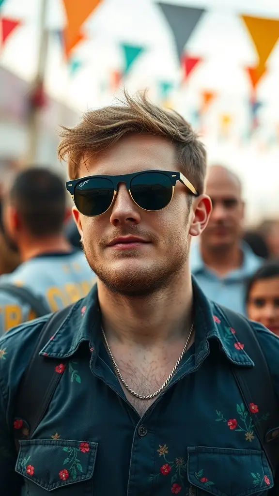 A crowd at a summer festival wearing vintage sunglasses with palm trees and colorful decorations in the background.