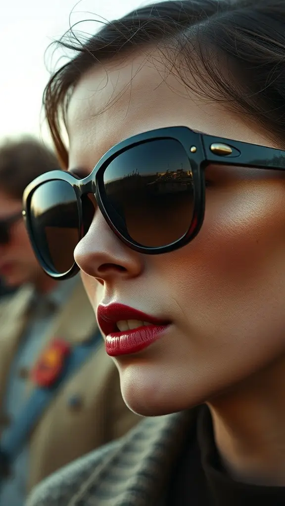 A close-up of a woman wearing vintage 60's sunglasses, showcasing her stylish look.