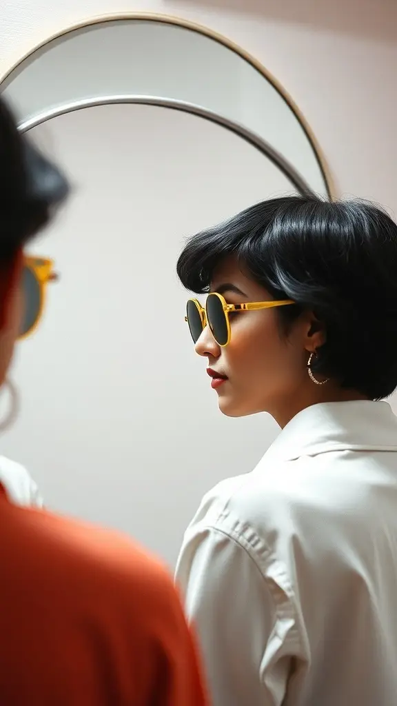 A person trying on yellow round sunglasses in front of a mirror, showcasing a vintage 60's style.