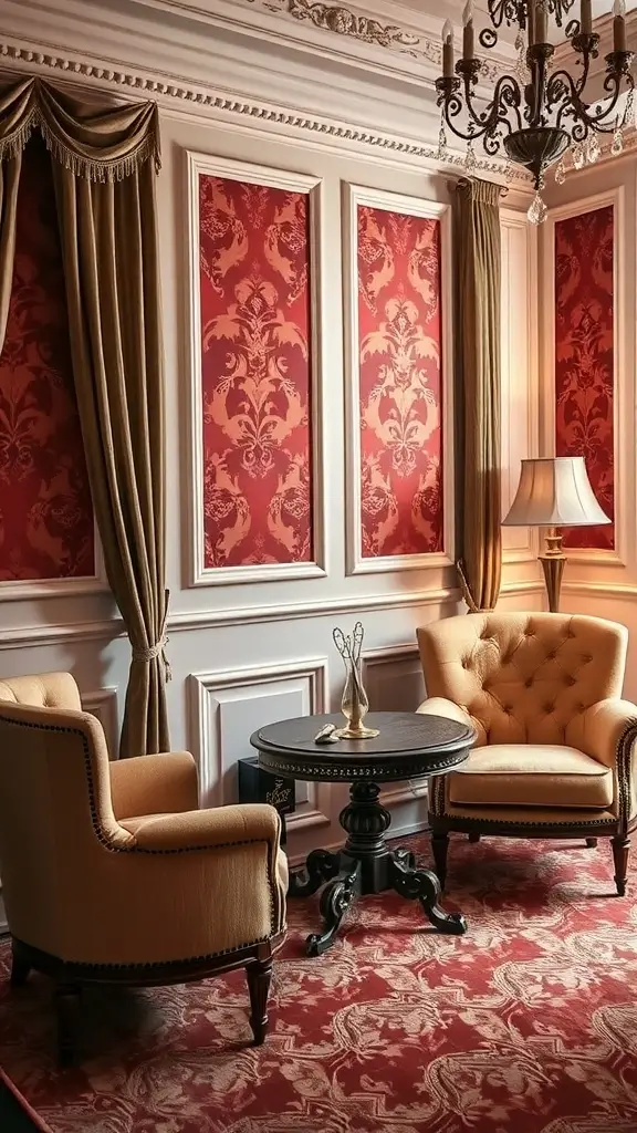 A luxurious boudoir seating area featuring two plush armchairs, a round table, and elegant decor.