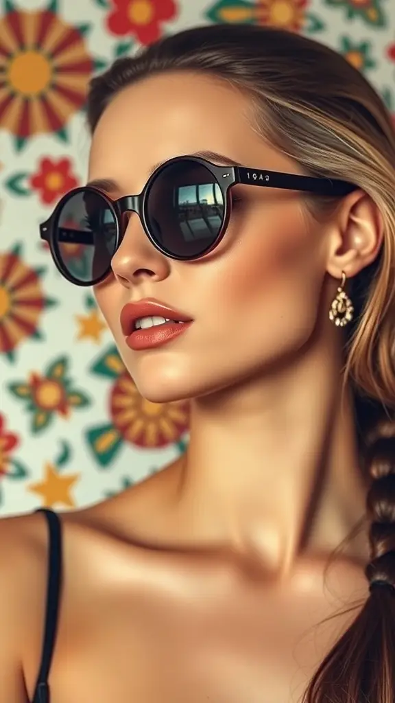 A pair of vintage round sunglasses on a floral patterned background.