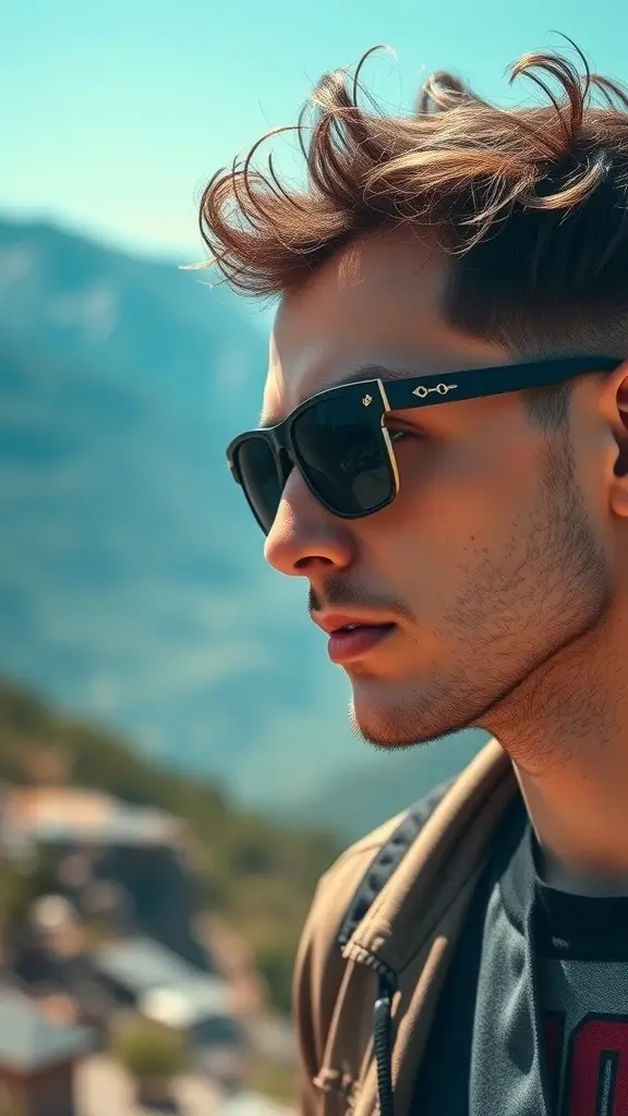 A collection of vintage 60's sunglasses displayed on a table, with a blurred background of two stylish individuals.