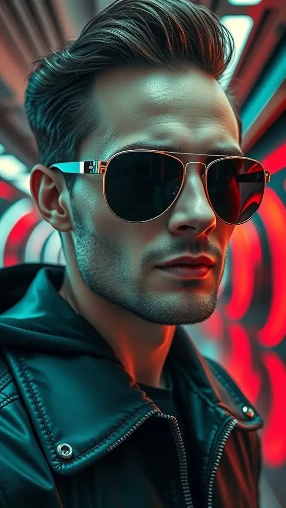 A pair of vintage 60's sunglasses in front of colorful neon lights.