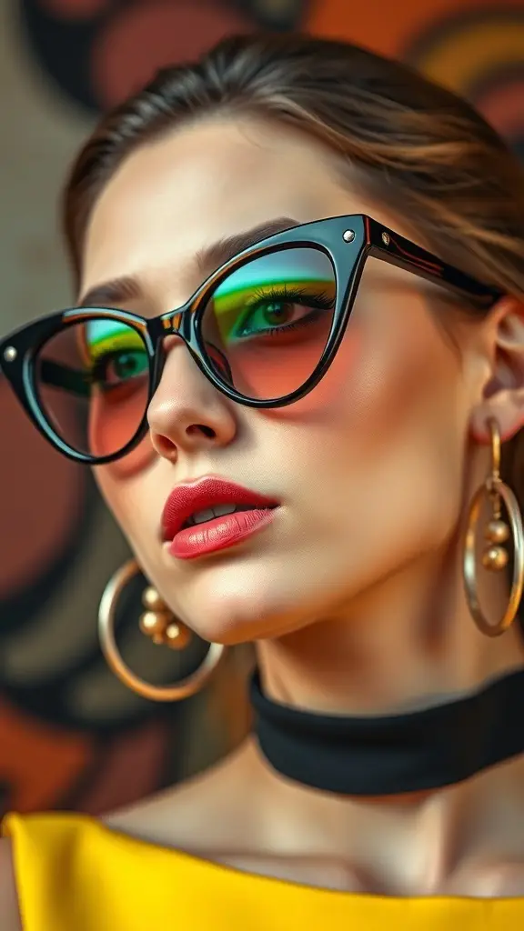 A pair of bold cat-eye sunglasses on a colorful patterned background.