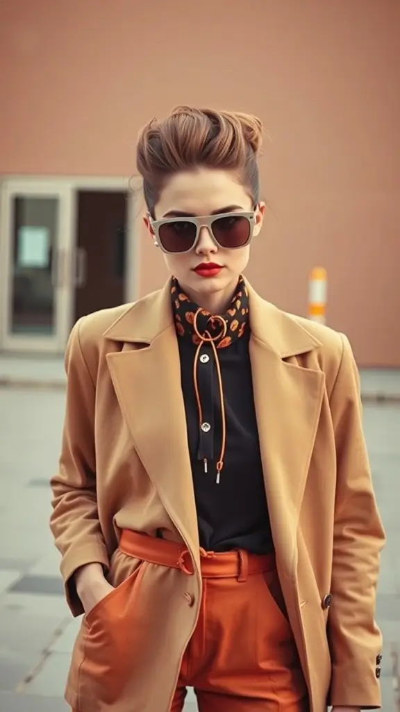 A stylish individual wearing vintage 60's sunglasses, a beige coat, and orange pants, exuding confidence.