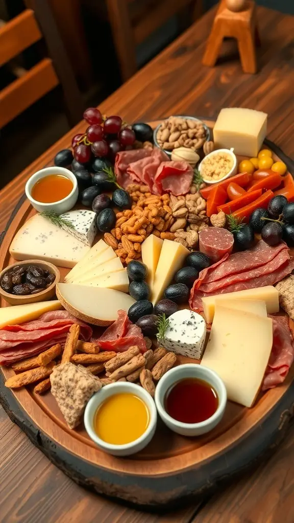 A classic charcuterie board featuring meats, cheeses, fruits, and nuts, beautifully arranged on a wooden platter.