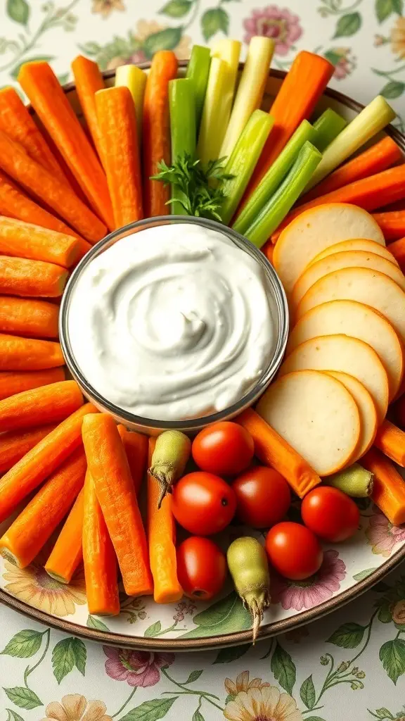 A colorful retro veggie platter with carrots, celery, cherry tomatoes, and a creamy dip.