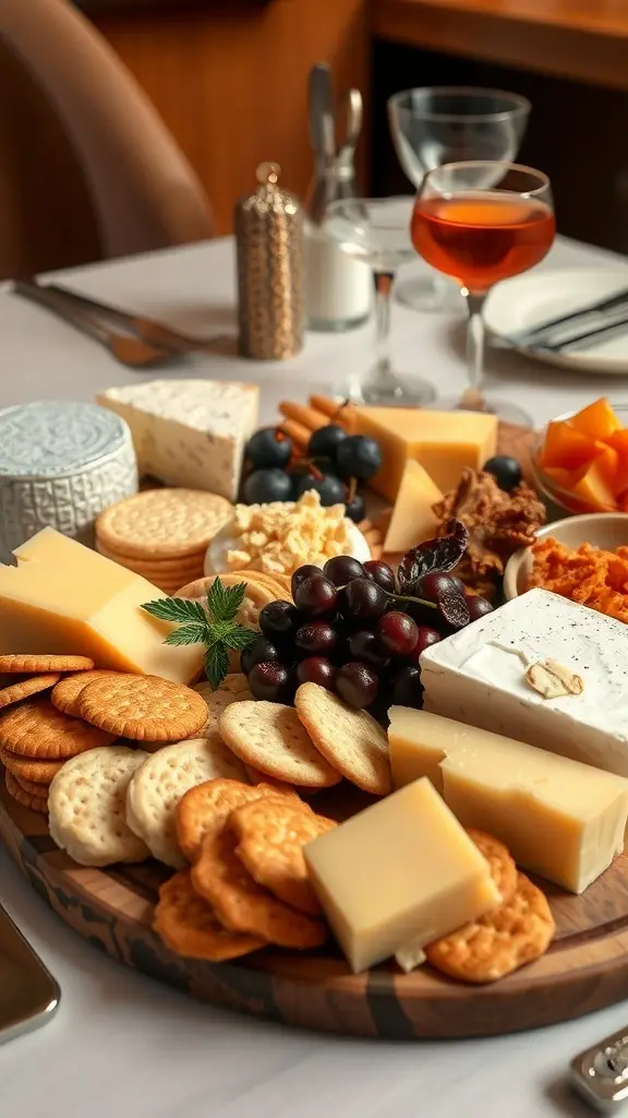 A beautifully arranged charcuterie board featuring various gourmet cheeses, crackers, grapes, and dried fruits.