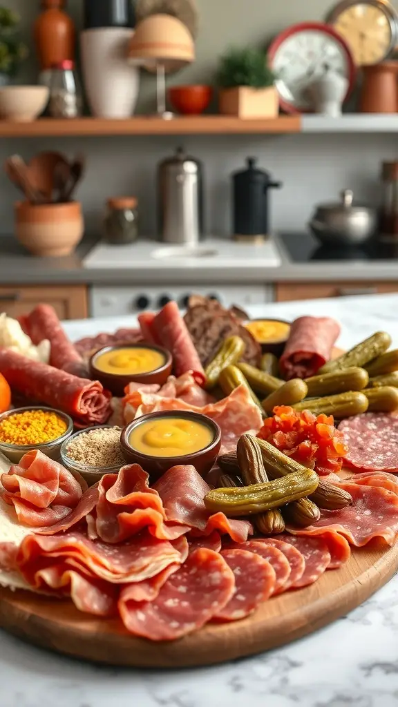 A beautifully arranged charcuterie board featuring a variety of meats, pickles, and sauces, set against a cozy kitchen backdrop.