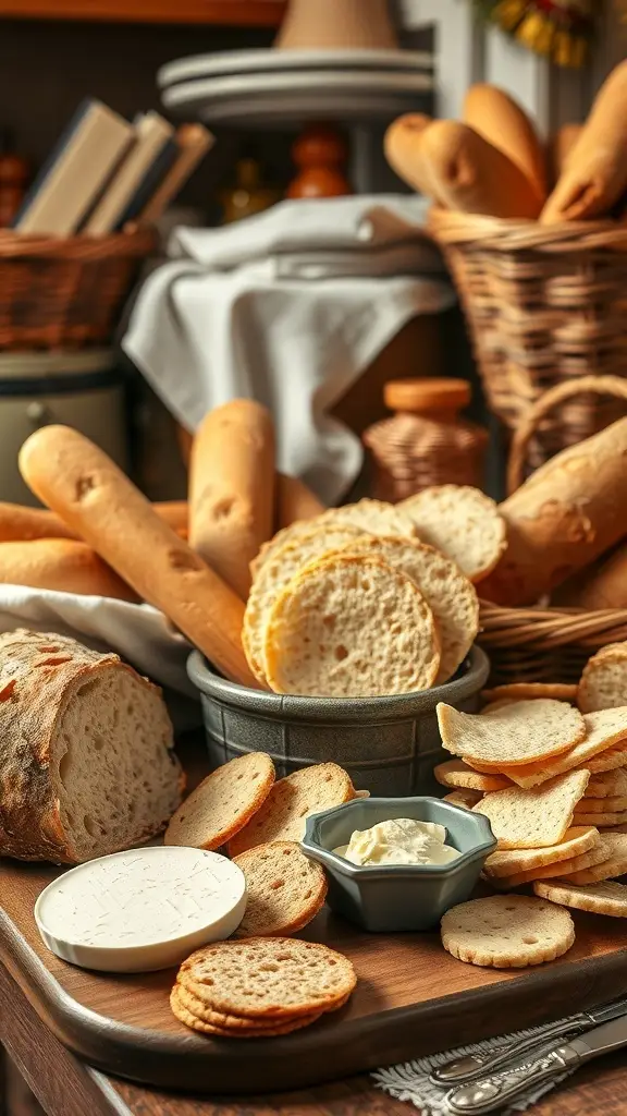 A variety of artisanal breads and crackers arranged on a wooden board, with a small bowl of cheese.