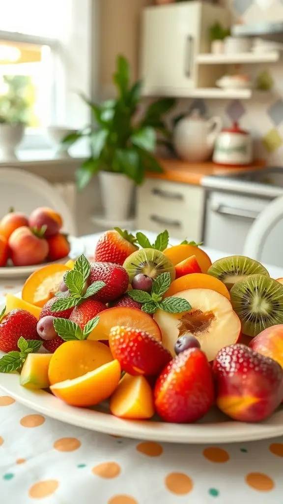 A colorful charcuterie board featuring seasonal fruits like strawberries, peaches, kiwis, and grapes, garnished with fresh mint leaves.