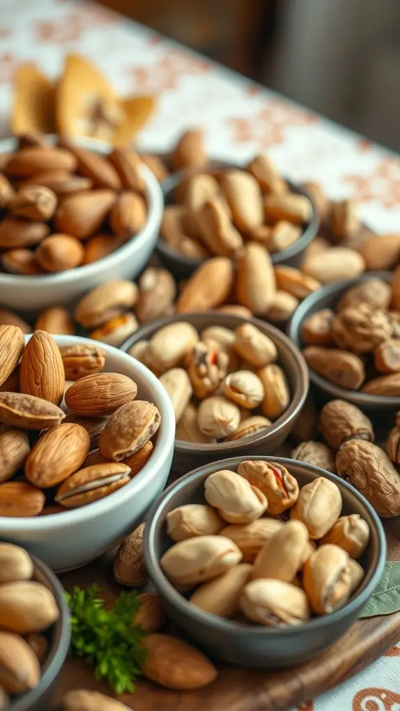 A variety of nuts and seeds displayed in bowls on a wooden surface.