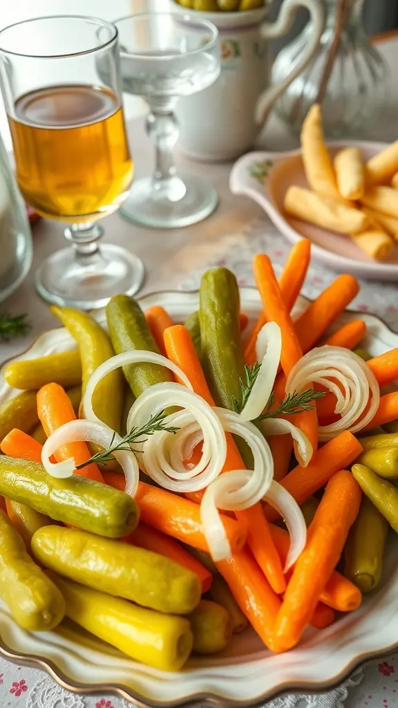 A vibrant platter of assorted pickles including cucumbers, carrots, and yellow peppers, garnished with onion slices and herbs.
