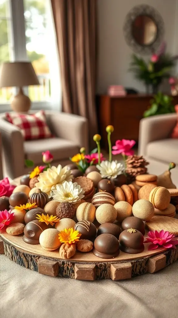 A beautifully arranged dessert board featuring chocolates, cookies, and flowers, capturing the essence of the 1960s.