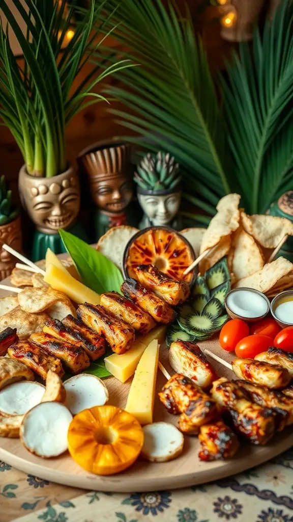 A tropical charcuterie board featuring grilled chicken skewers, pineapple, cheese, chips, cherry tomatoes, and coconut slices, decorated with palm leaves.