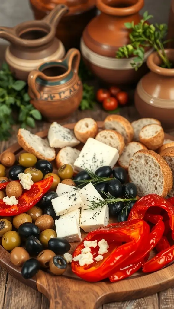 A rustic charcuterie board featuring olives, feta cheese, roasted red peppers, cherry tomatoes, and sliced bread.