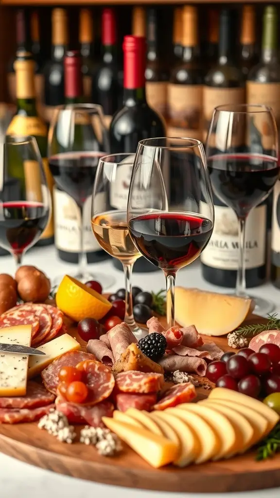 A beautifully arranged charcuterie board with assorted meats, cheeses, fruits, and wine glasses in the background.
