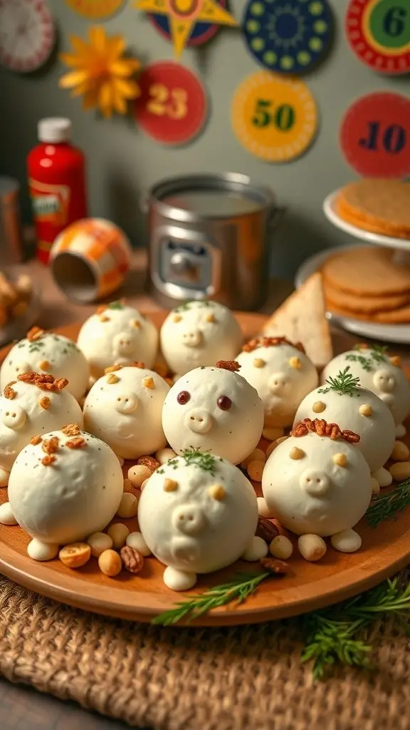 A variety of cheese balls shaped into fun forms, garnished with nuts and herbs, displayed on a charcuterie board.