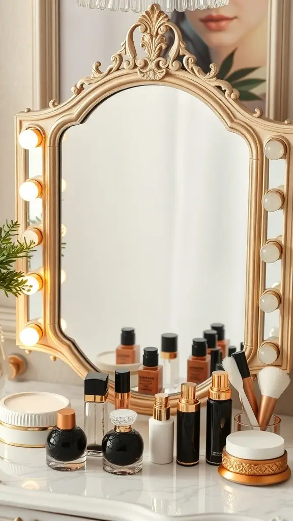 An elegant dressing table with a vintage mirror, beauty products, and soft lighting.