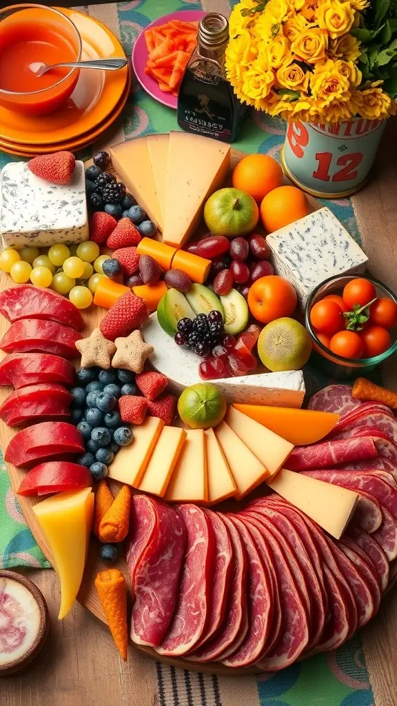 A colorful charcuterie board featuring assorted cheeses, cured meats, fresh fruits, and vegetables.