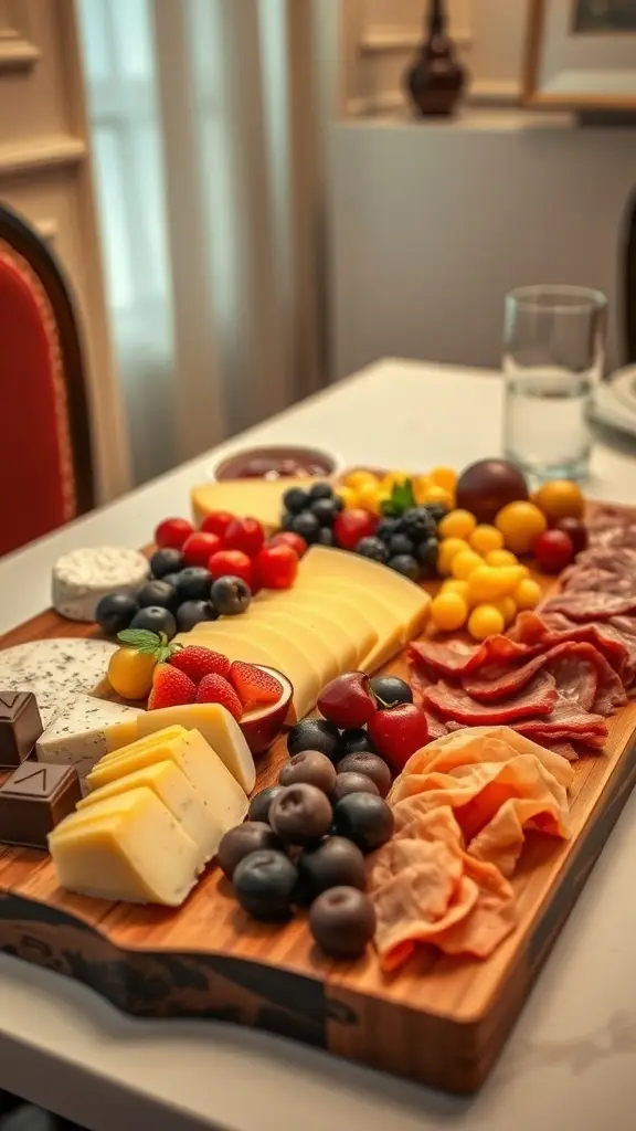 A beautifully arranged charcuterie board featuring various cheeses, cured meats, nuts, and fresh fruits.