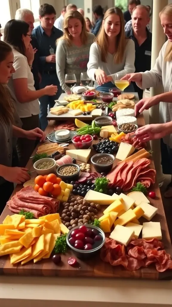 A lively gathering around a charcuterie board filled with various cheeses, meats, fruits, and nuts.