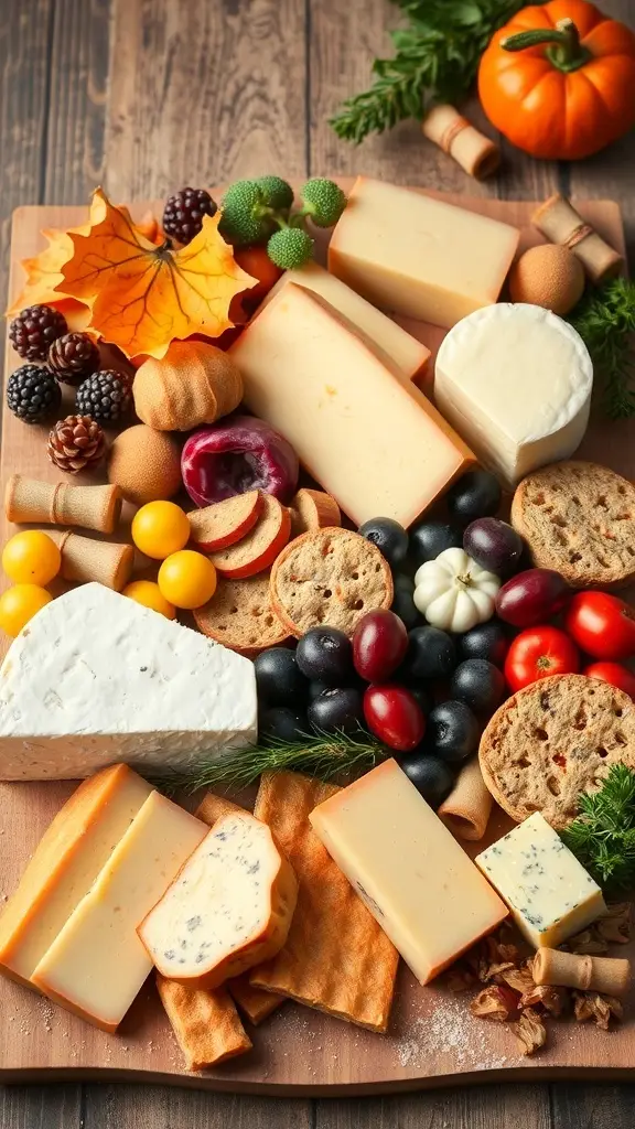 A beautifully arranged charcuterie board featuring seasonal cheeses, fruits, nuts, and autumn decorations.