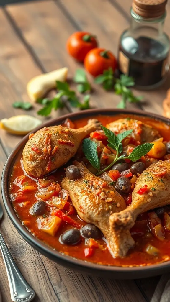 A plate of Chicken Cacciatore with chicken pieces, bell peppers, olives, and a rich tomato sauce.
